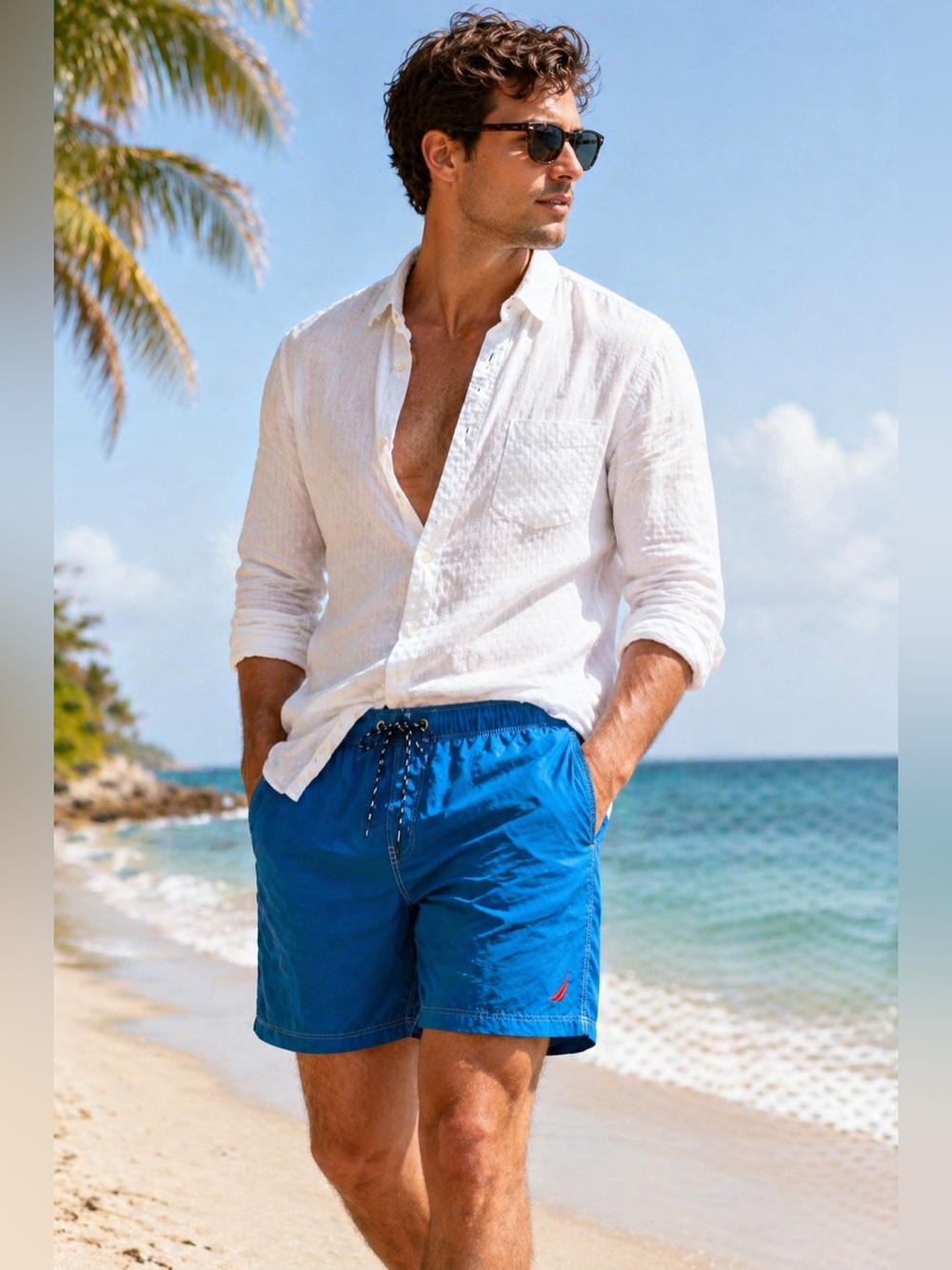 Nautica Men’s Swim Trunks Blue Mesh Lined Elastic Waist Size L